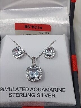 NWT Sterling Sim Aquamarine Pendant Earring Set 925 JCP